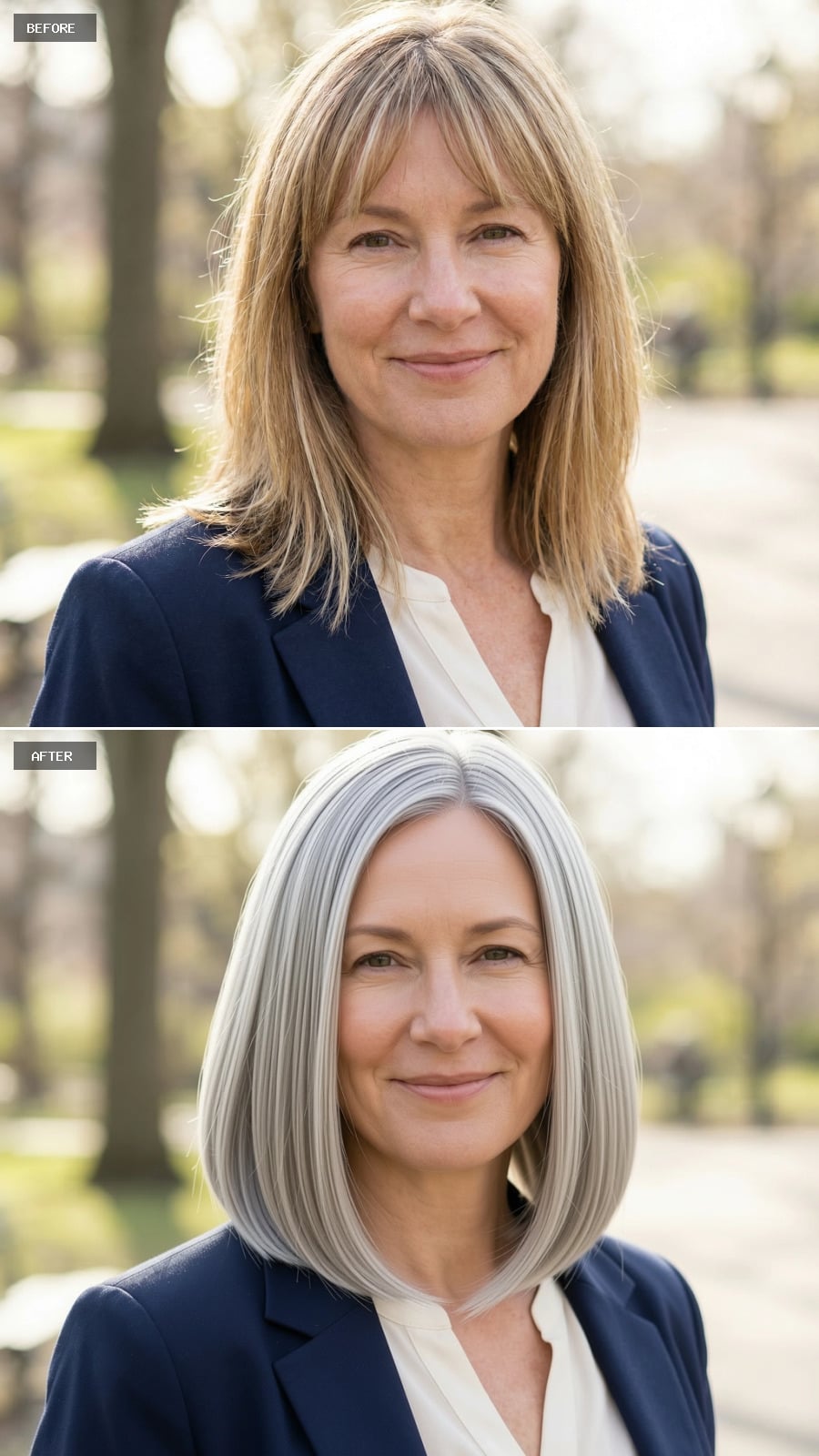 Photorealistic Headshot Of The Same 51-year-old Woman, Smiling, Sleek Shoulder-length Ash Blonde Lob With Clean Lines And Polished Finish