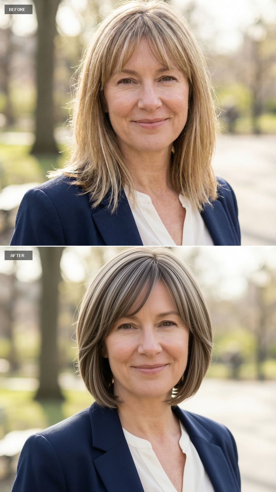Photorealistic Headshot Of The Same 51-year-old Woman, Smiling, Short French Bob With Wispy Bangs In Neutral Brunette, Understated And Chic