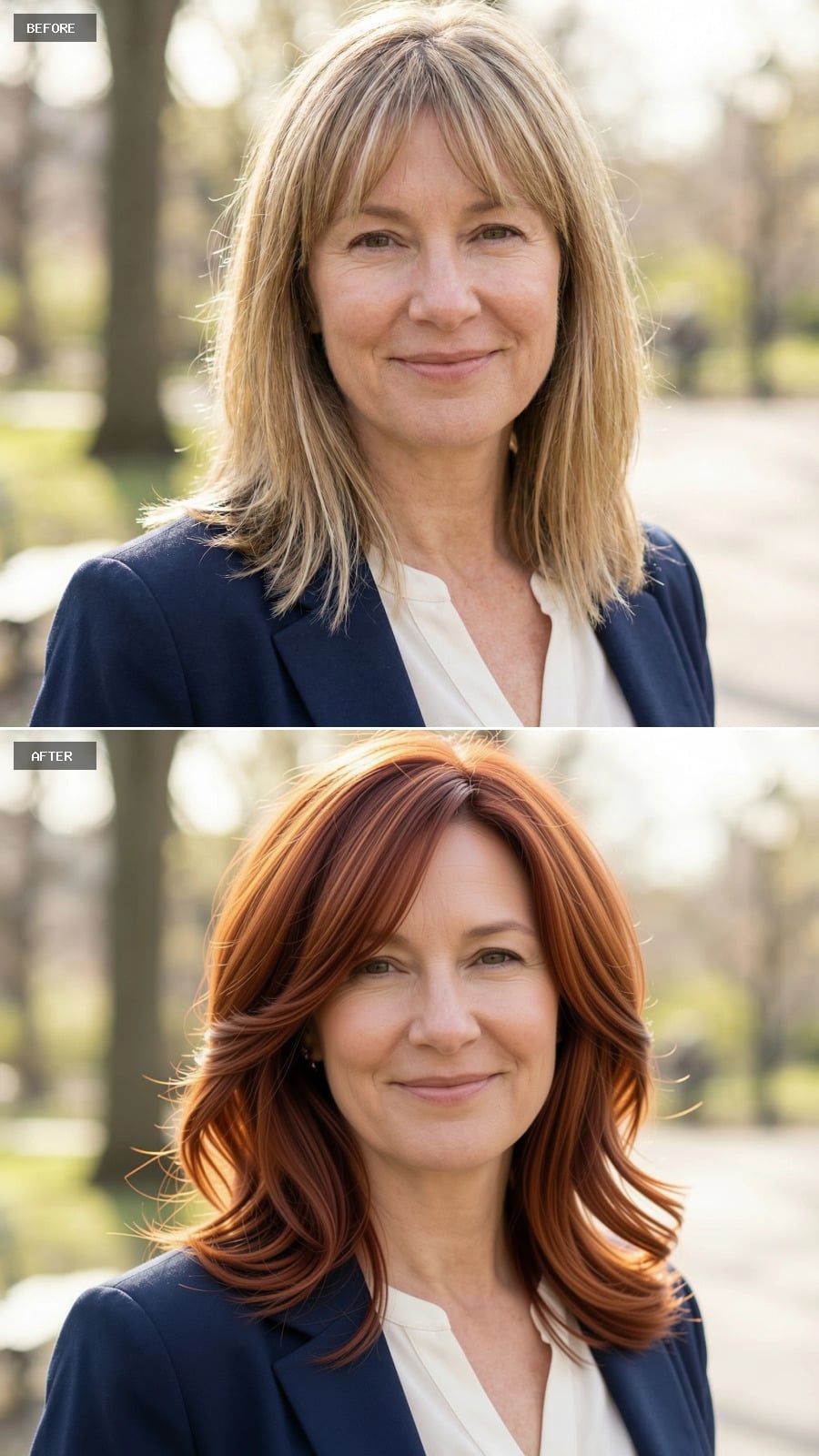 Photorealistic Headshot Of The Same 51-year-old Woman, Smiling, Mid-length Layered Cut In Warm Auburn With Subtle Volume And Soft Texture