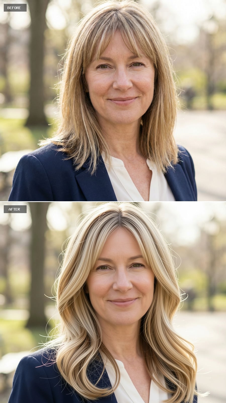 Photorealistic Headshot Of The Same 51-year-old Woman, Smiling, Long Layered Blonde Hairstyle With Natural Highlights And Smooth Movement