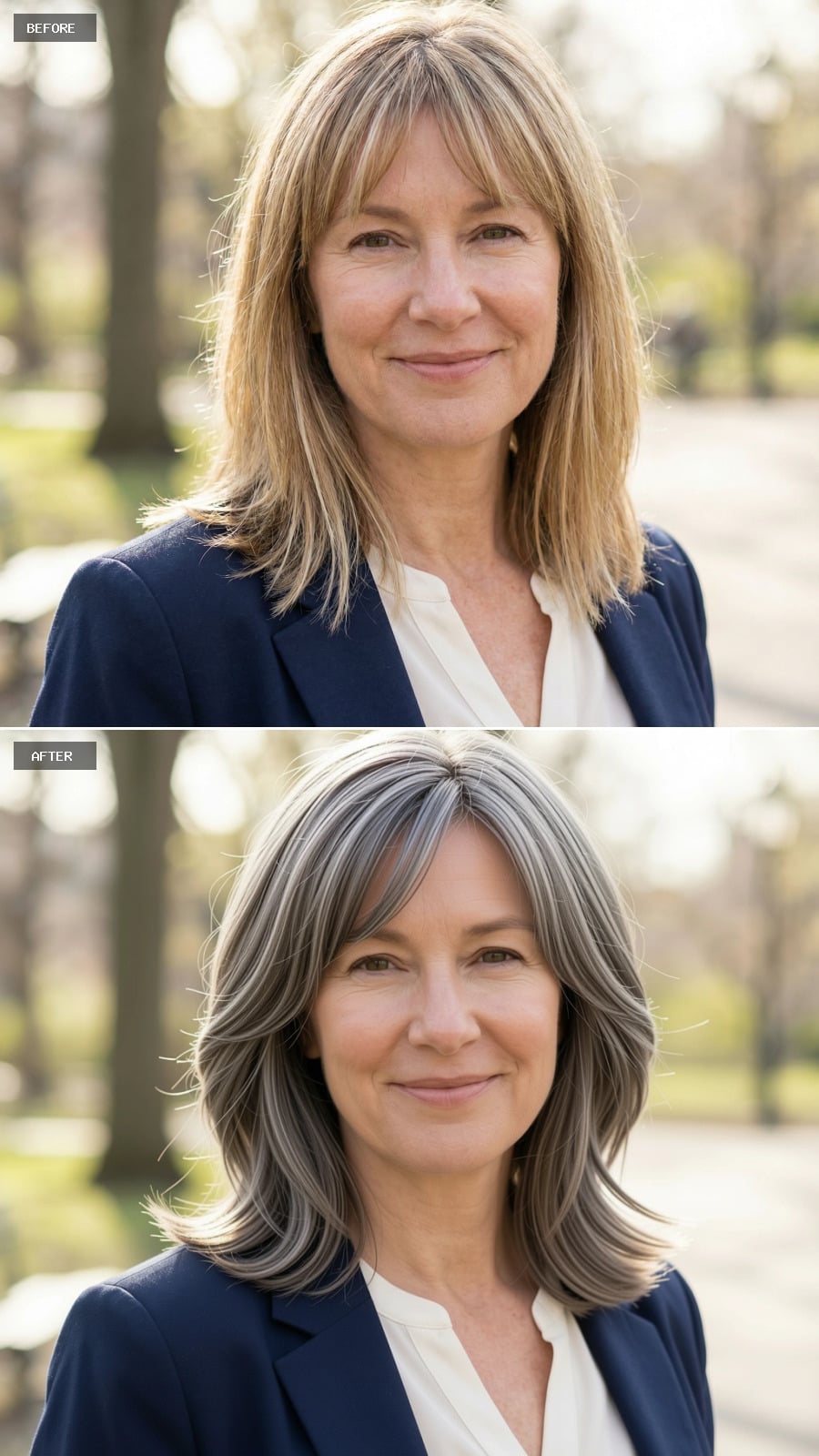 Photorealistic Headshot Of The Same 51-year-old Woman, Smiling, Soft Shag Haircut Just Past The Shoulders In Ash Brown, Light Feathered Layers