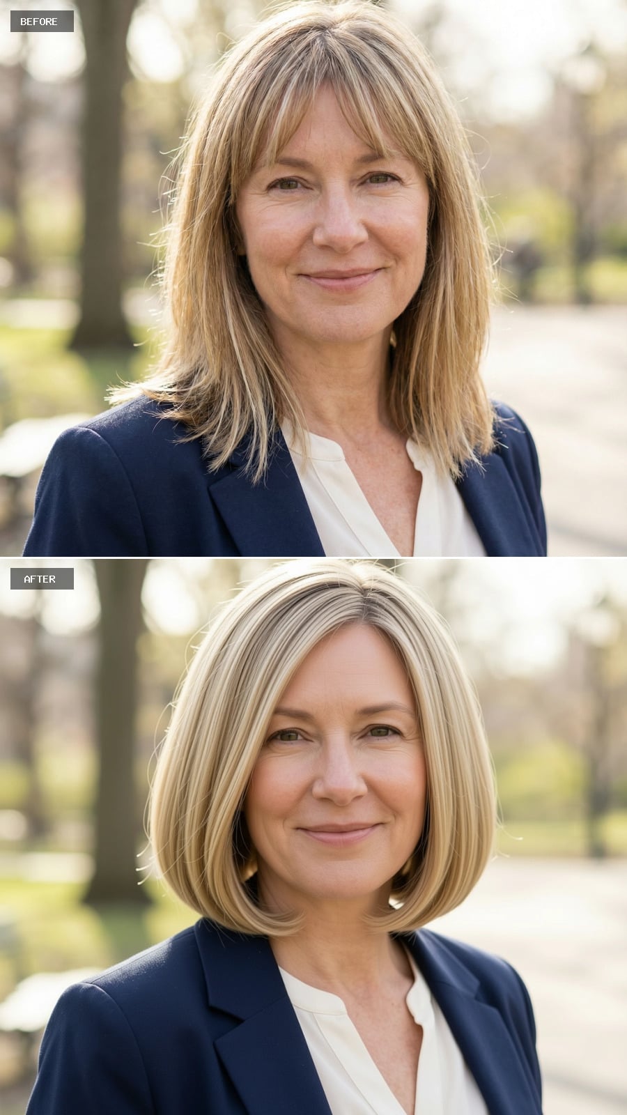 Photorealistic Headshot Of The Same 51-year-old Woman, Smiling, Jaw-length Bob With Rounded Shape In Sandy Blonde, Classic And Flattering