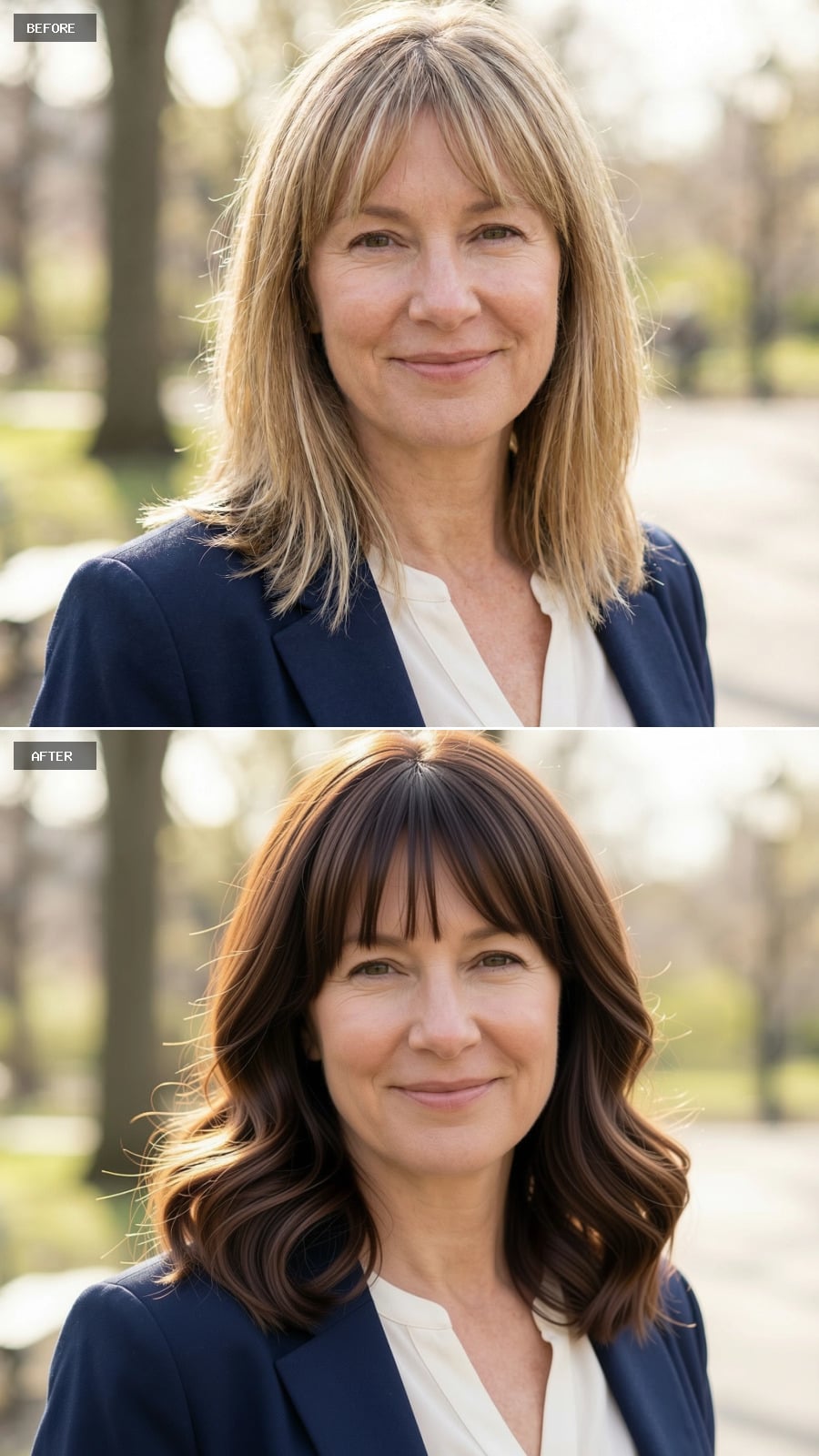 Photorealistic Headshot Of The Same 51-year-old Woman, Smiling, Shoulder-length Brunette Hairstyle With Curtain Bangs And Gentle Waves