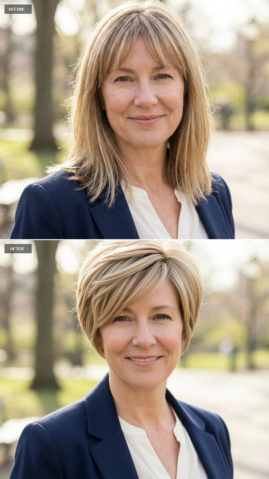 Photorealistic Headshot Of The Same 51-year-old Woman, Smiling, Cropped Pixie-bob Hybrid In Warm Blonde With Subtle Texture And Lift