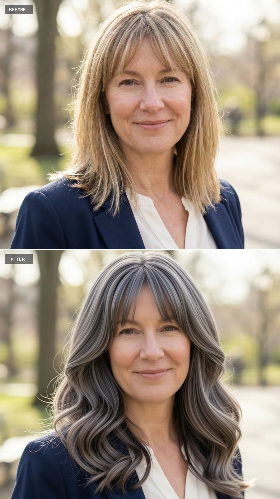 Photorealistic Headshot Of The Same 51-year-old Woman, Smiling, Long Ash Brunette Hair With Soft Layers And Natural Volume, Elegant And Relaxed
