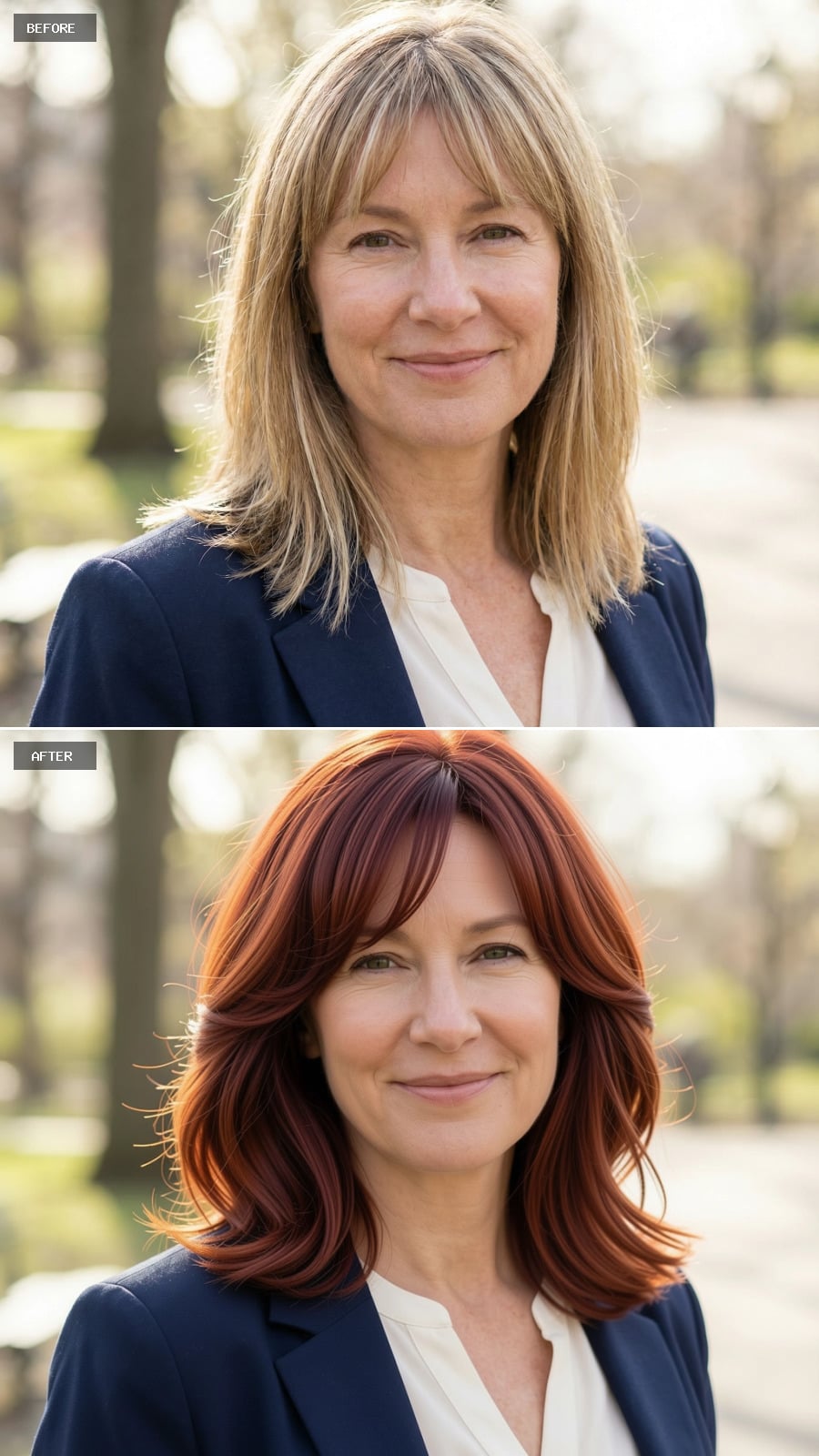 Photorealistic Headshot Of The Same 51-year-old Woman, Smiling, Collarbone-length Auburn Lob With Light Waves And Face-framing Layers