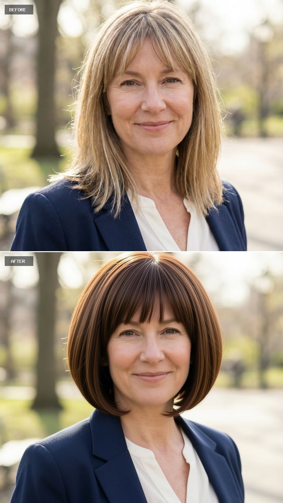 Photorealistic Headshot Of The Same 51-year-old Woman, Smiling, Short Layered Bob In Mushroom Brown With Smooth Finish And Refined Shape