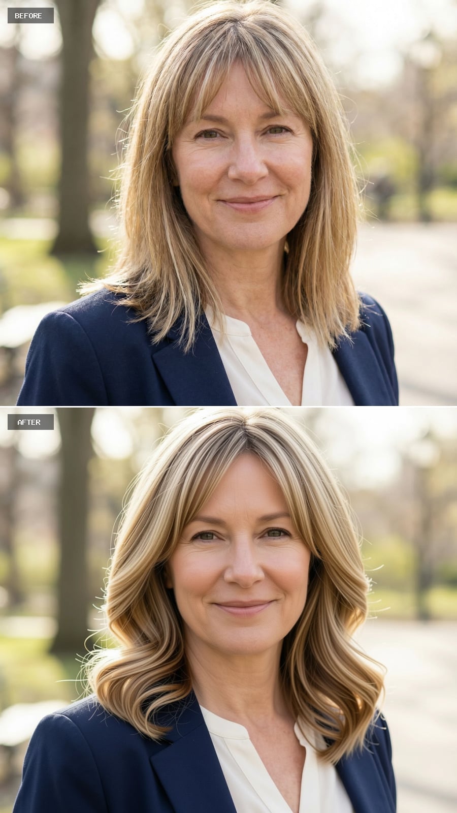 Photorealistic Headshot Of The Same 51-year-old Woman, Smiling, Shoulder-length Blonde Hair With Blended Highlights And Soft Inward Curl At Ends