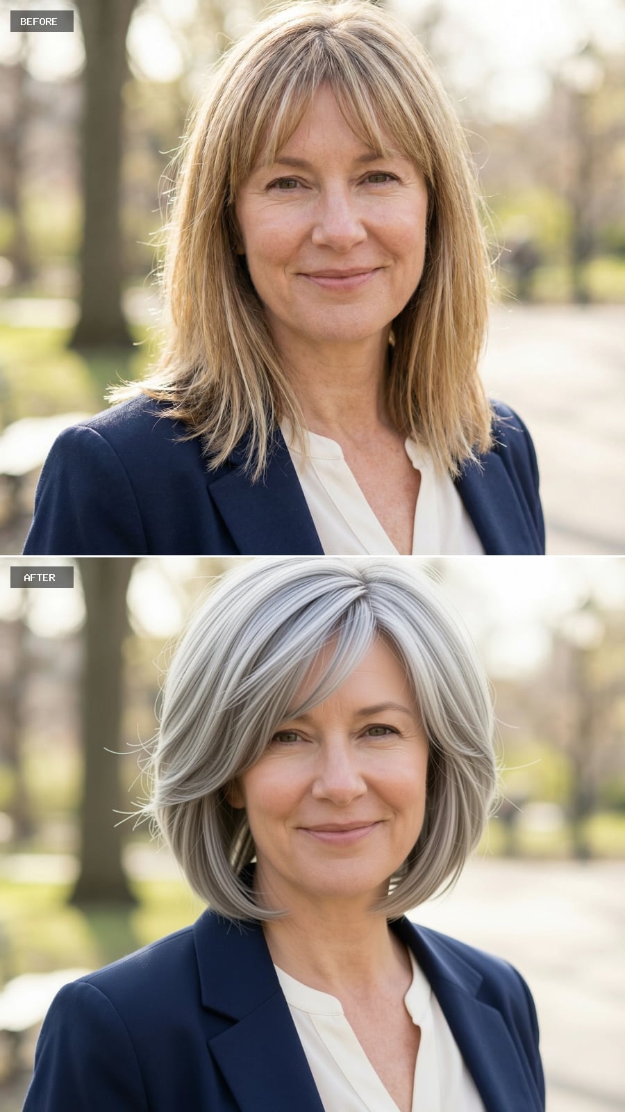 Photorealistic Headshot Of The Same 51-year-old Woman, Smiling, Modern Short Shag In Ash Blonde With Airy Layers And Natural Movement