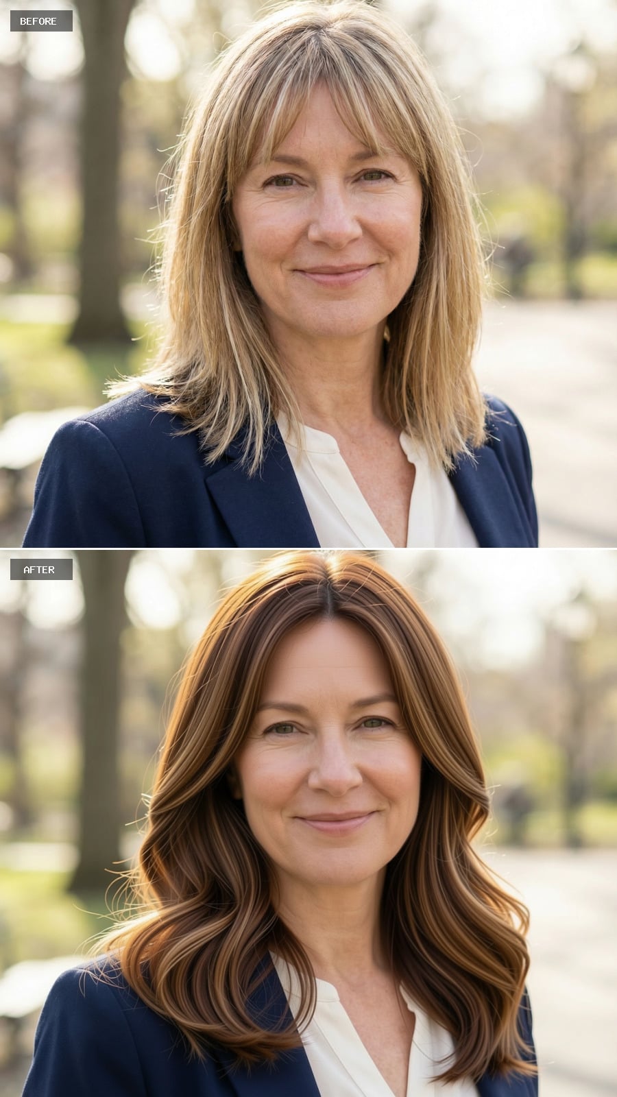 Photorealistic Headshot Of The Same 51-year-old Woman, Smiling, Long Warm Brunette Hairstyle With Subtle Layers And Softly Rounded Ends