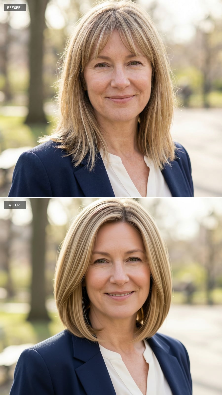 Photorealistic Headshot Of The Same 51-year-old Woman, Smiling, Chin-length Angled Bob In Soft Caramel Blonde, Polished And Timeless