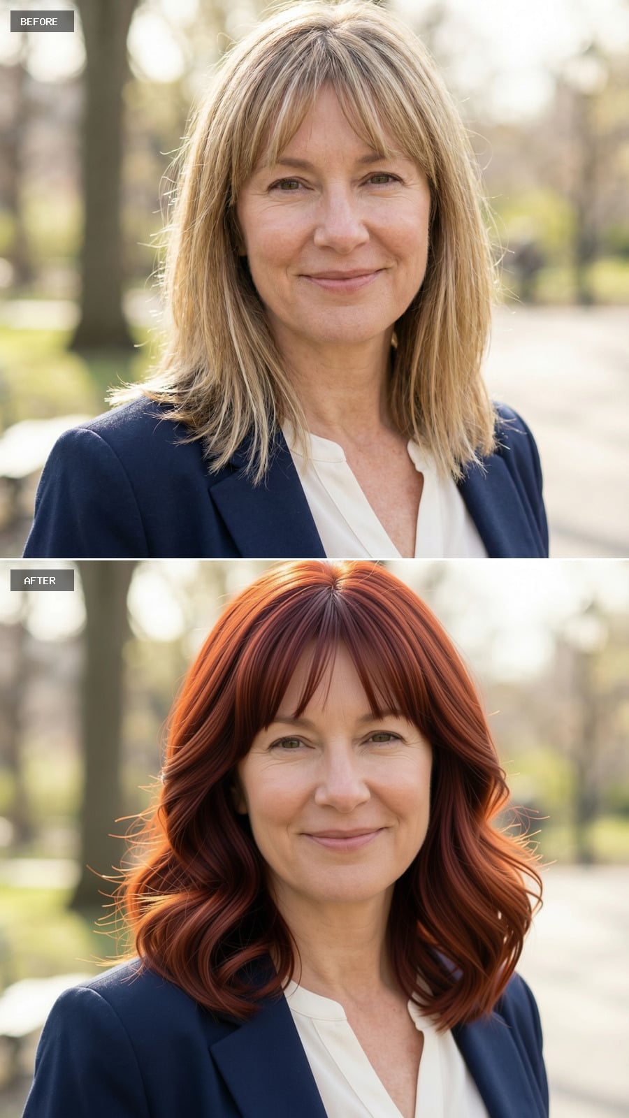 Photorealistic Headshot Of The Same 51-year-old Woman, Smiling, Medium-length Auburn Hairstyle With Loose Waves And Gentle Volume