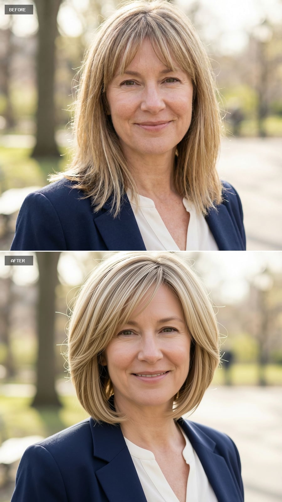 Photorealistic Headshot Of The Same 51-year-old Woman, Smiling, Short Layered Bob In Warm Blonde With Soft Movement And Natural Texture