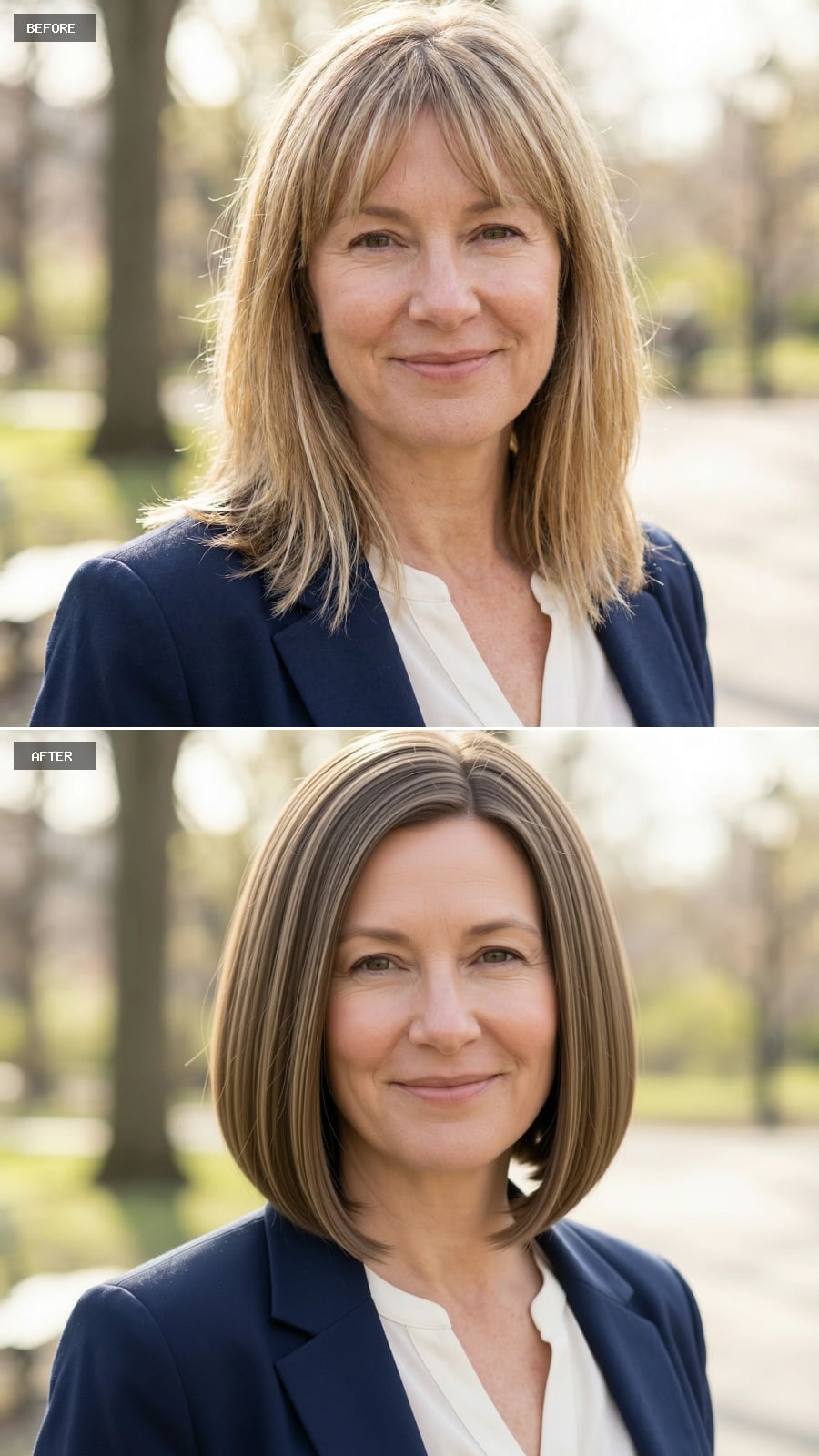Photorealistic Headshot Of The Same 51-year-old Woman, Smiling, Chin-length Blunt Bob In Neutral Brunette With Clean Edges And Polished Finish
