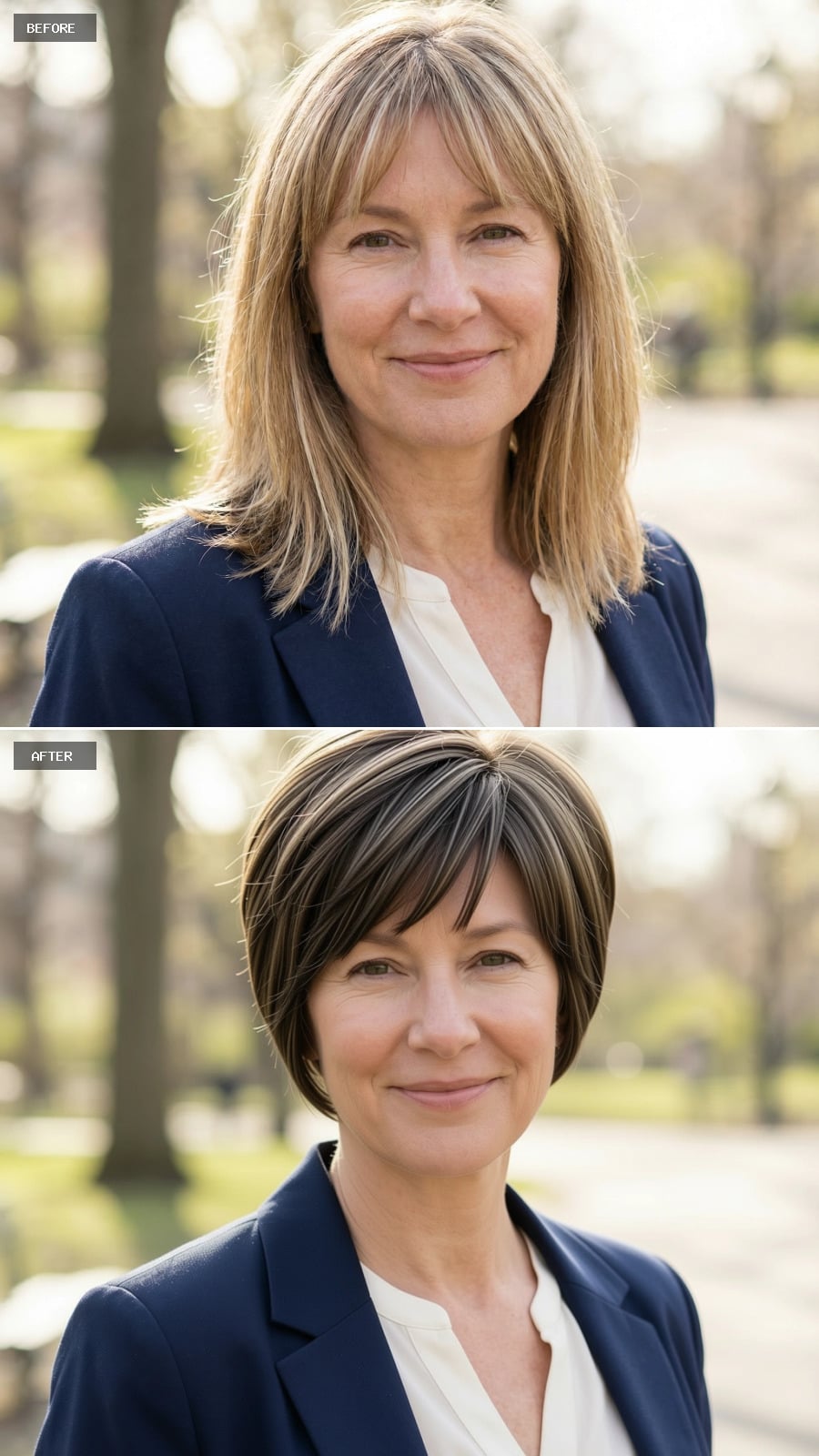 Photorealistic Headshot Of The Same 51-year-old Woman, Smiling, Short Textured Pixie Cut In Dark Blonde With Longer Fringe And Subtle Volume