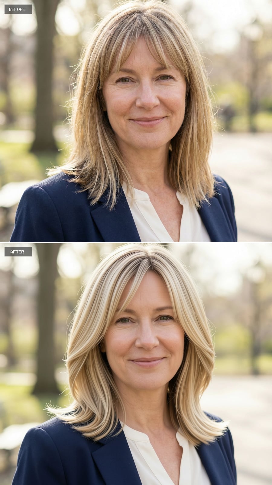 Photorealistic Headshot Of The Same 51-year-old Woman, Smiling, Shoulder-length Blonde Lob With Soft Layers And Gentle Outward Flip At The Ends