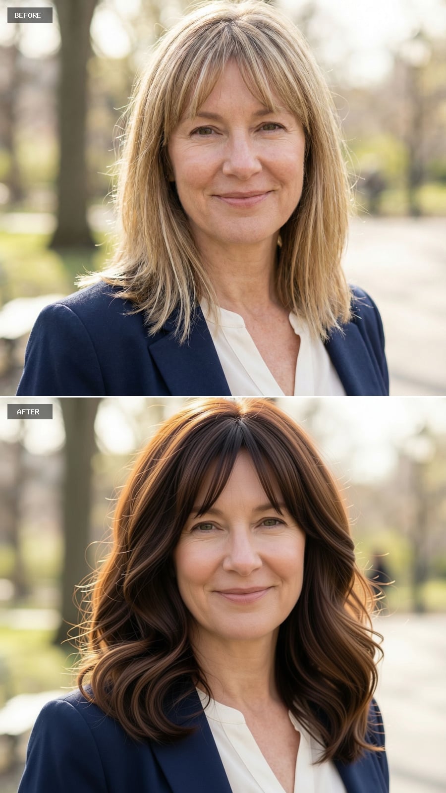 Photorealistic Headshot Of The Same 51-year-old Woman, Smiling, Collarbone-length Brunette Hair With Airy Layers And Natural Wave Pattern