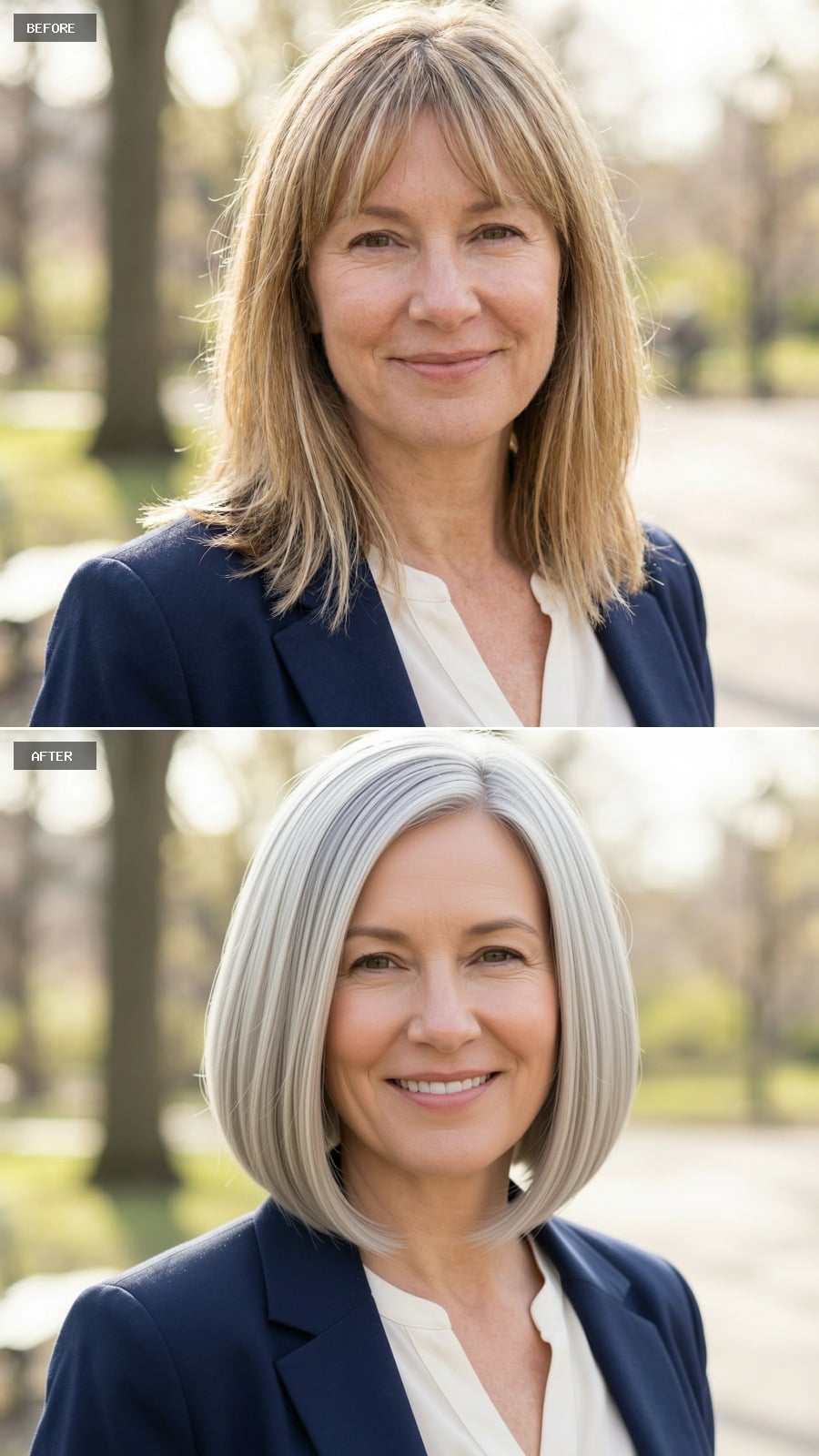 Photorealistic Headshot Of The Same 51-year-old Woman, Smiling, Sleek Short Bob In Ash Blonde With Precise Shape And Smooth Shine