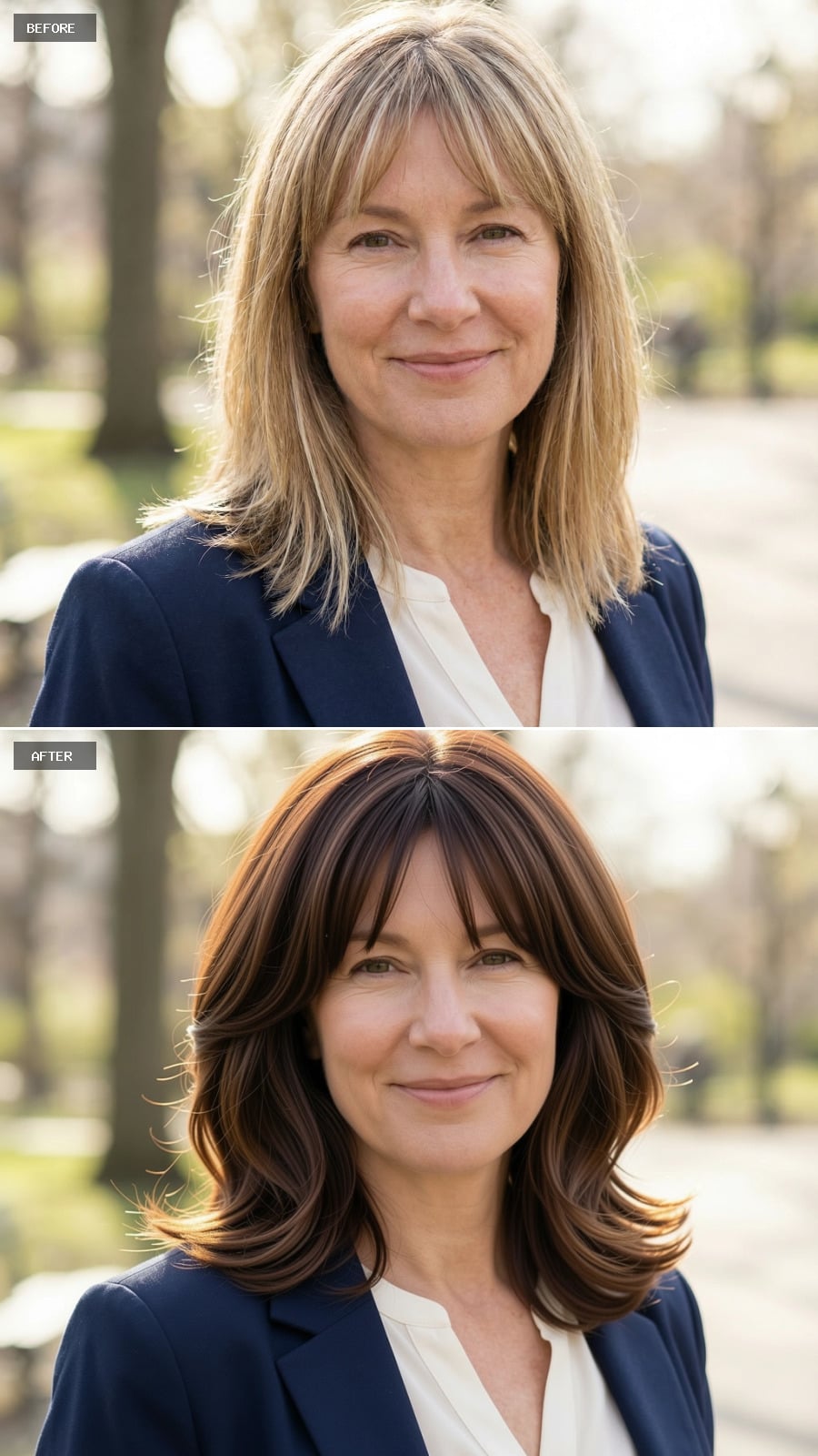 Photorealistic Headshot Of The Same 51-year-old Woman, Smiling, Medium-length Brunette Hairstyle With Face-framing Layers And Soft Blowout Finish