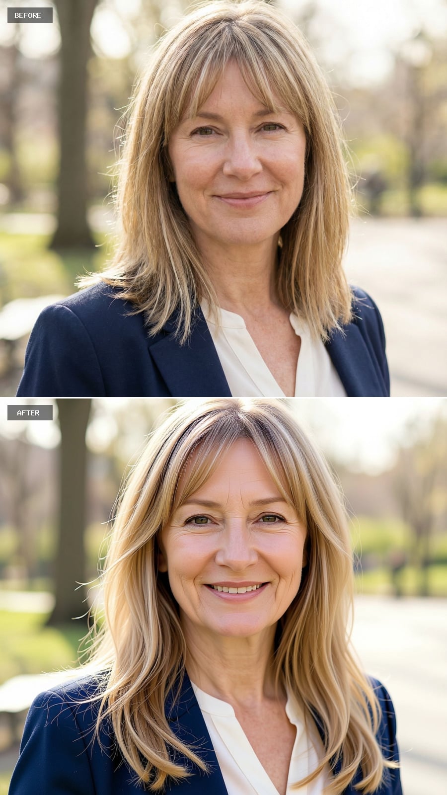 Photorealistic Headshot Of The Same 51-year-old Woman, Smiling, Long Blonde Hair With Subtle Layers And Relaxed Natural Movement