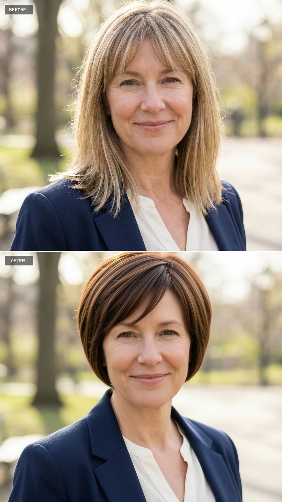 Photorealistic Headshot Of The Same 51-year-old Woman, Smiling, Short Pixie-bob In Warm Brunette With Gentle Lift At The Crown