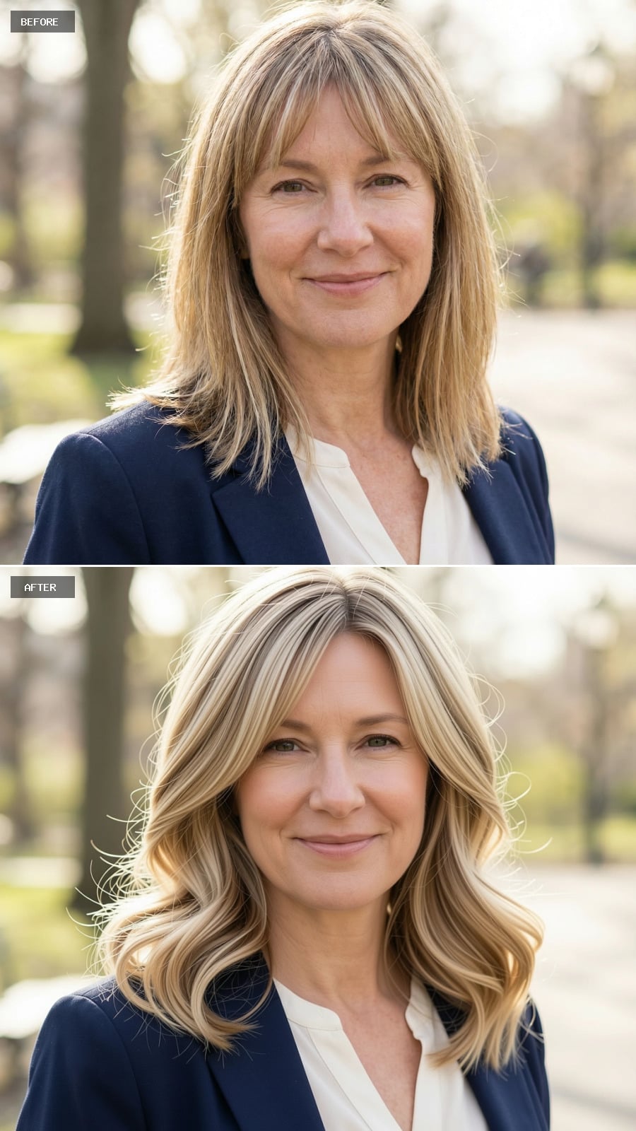 Photorealistic Headshot Of The Same 51-year-old Woman, Smiling, Shoulder-length Blonde Hair With Soft Waves And Blended Highlights