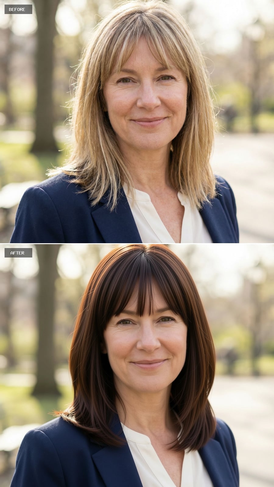 Photorealistic Headshot Of The Same 51-year-old Woman, Smiling, Medium-length Brunette Cut With Curtain Bangs And Smooth Texture