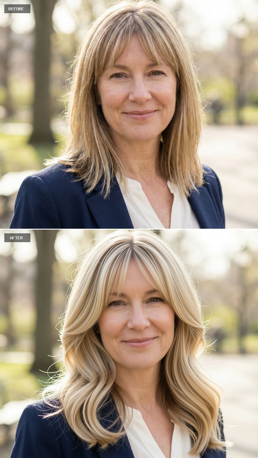 Photorealistic Headshot Of The Same 51-year-old Woman, Smiling, Long Blonde Hairstyle With Loose Layers And Softly Rounded Ends