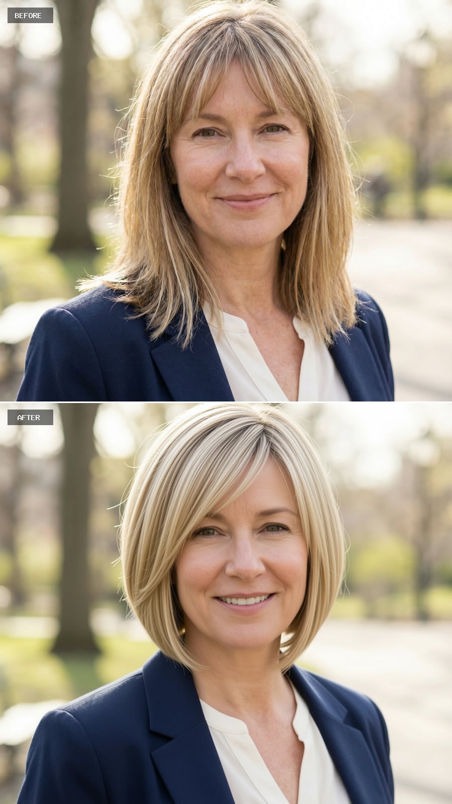 Photorealistic Headshot Of The Same 51-year-old Woman, Smiling, Cropped Short Blonde Cut With Tapered Sides And Natural Volume