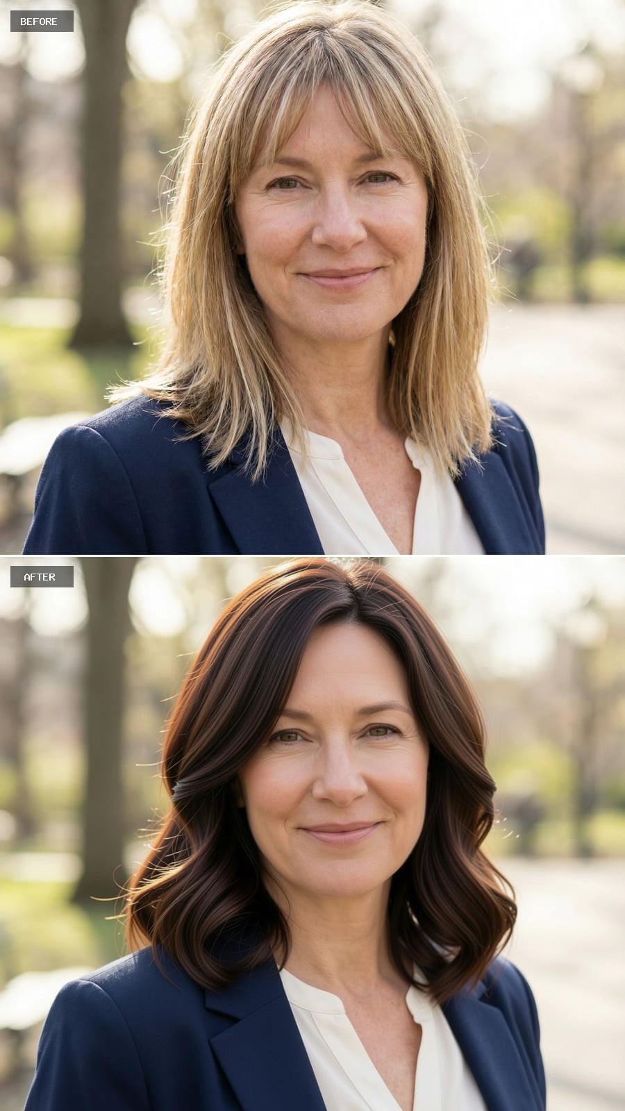 Photorealistic Headshot Of The Same 51-year-old Woman, Smiling, Shoulder-length Brunette Lob With Subtle Inward Curl And Polished Look
