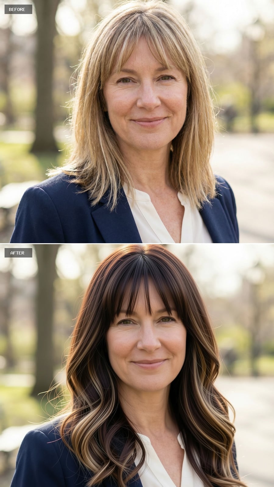 Photorealistic Headshot Of The Same 51-year-old Woman, Smiling, Long Brunette Hair With Light Layering And Understated Elegance