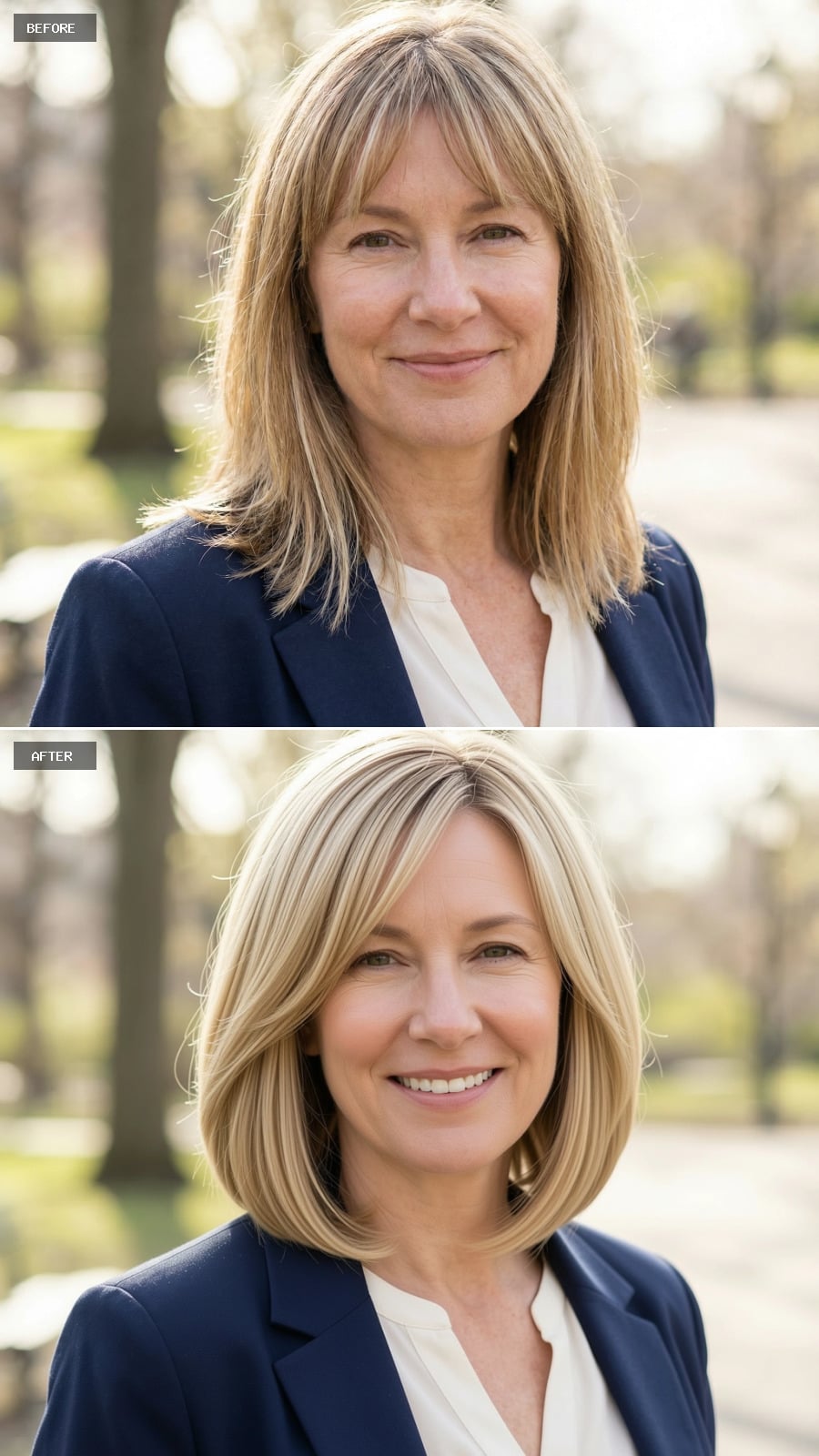 Photorealistic Headshot Of The Same 51-year-old Woman, Smiling, Chin-length Blonde Bob With Soft Texture And Effortless Styling