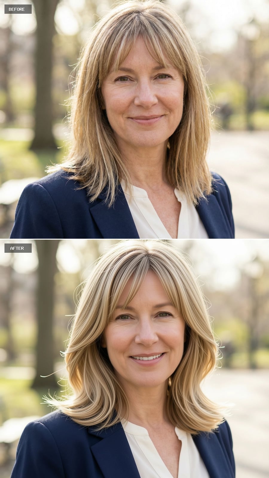 Photorealistic Headshot Of The Same 51-year-old Woman, Smiling, Medium-length Blonde Hairstyle With Gentle Layers And Classic Salon Finish