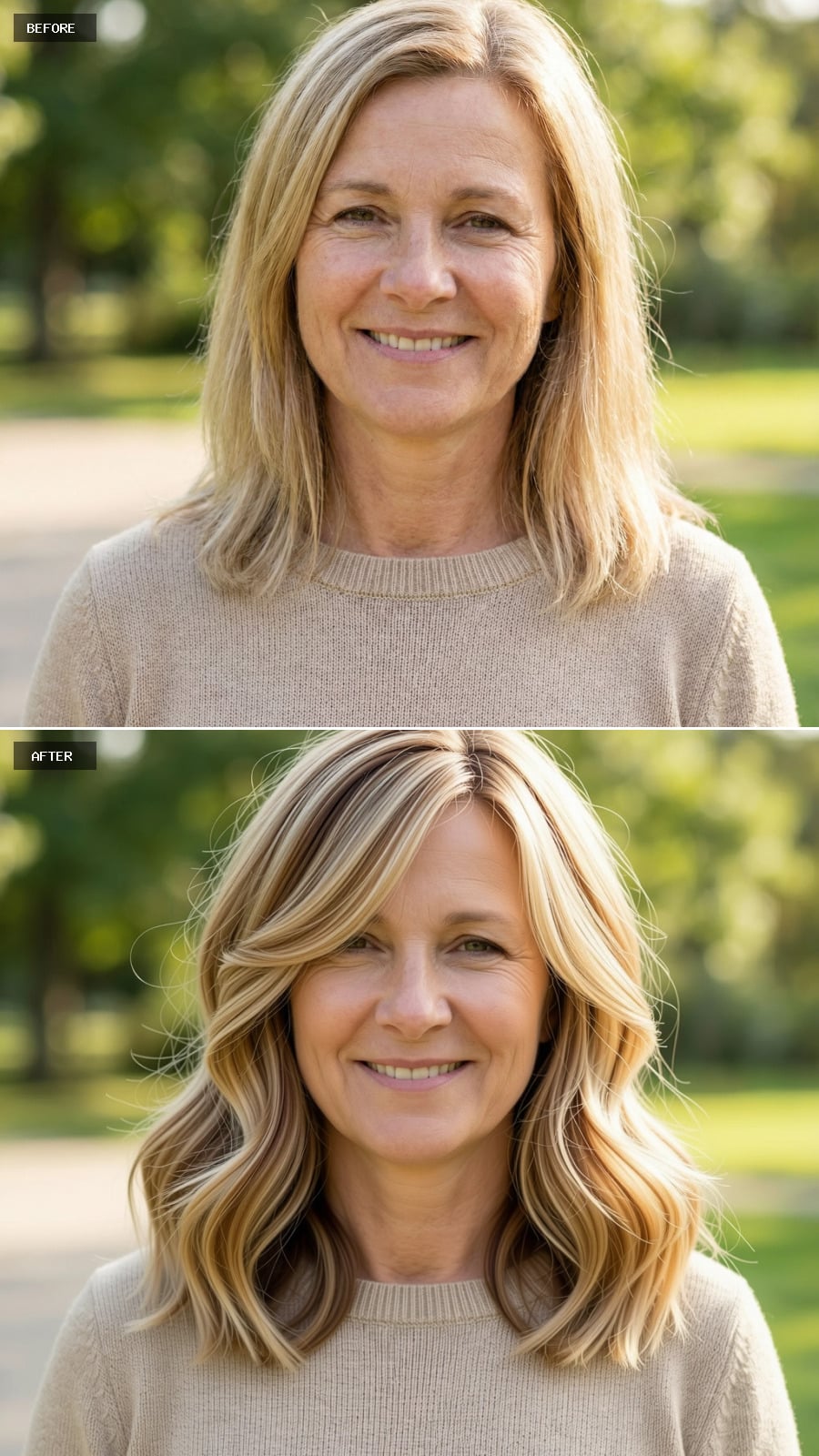 A Shoulder-length Warm Blonde Lob With Blended Balayage Highlights, Gentle Face-framing Layers, Softly Waved For Movement And Softness