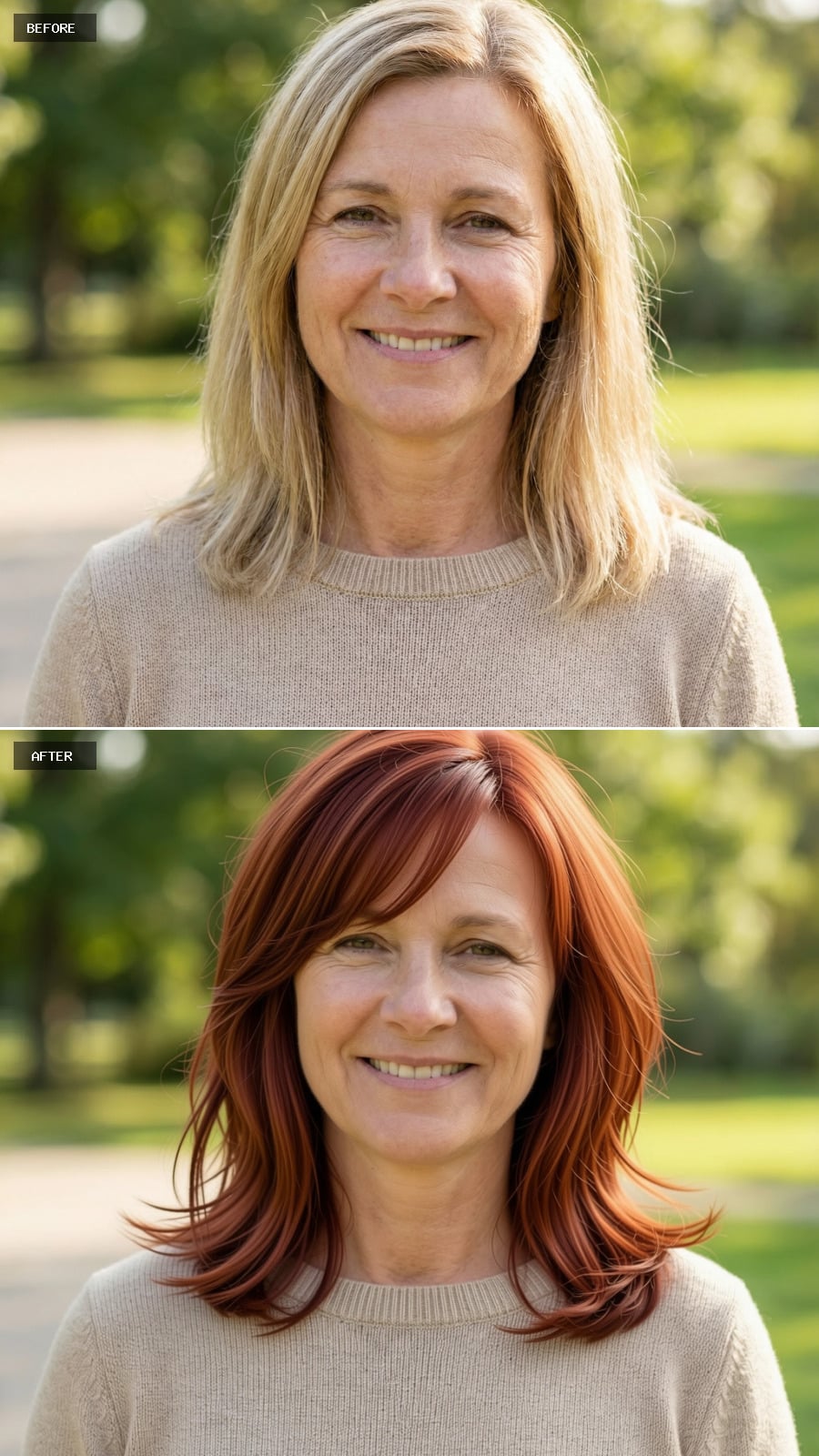 A Warm Auburn Mid-length Cut With Feathered Layers And A Soft Side-swept Fringe, Styled With A Relaxed, Airy Finish