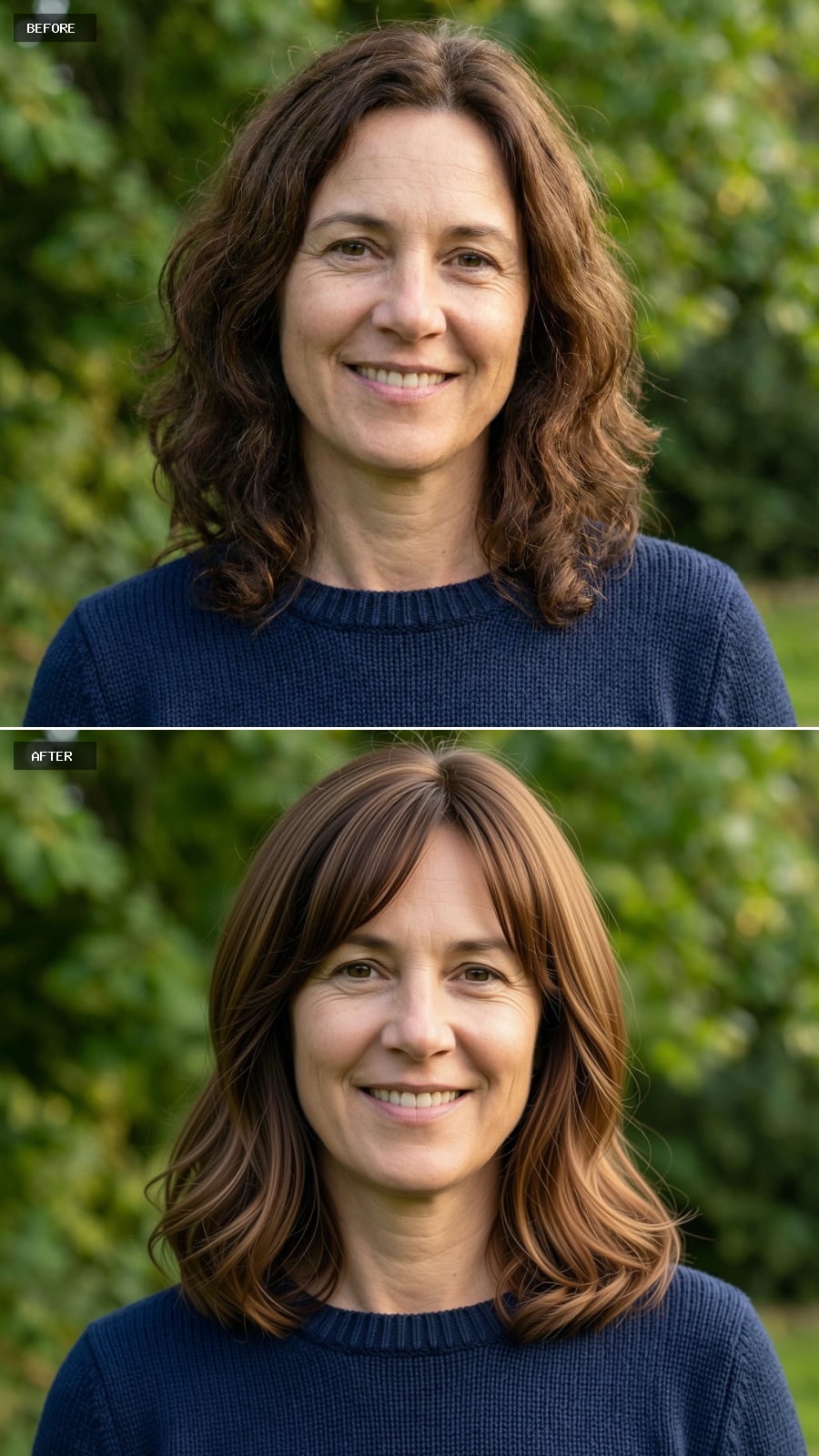Soft Layered Lob With Warm Brunette Tones, Smooth Blowout With Subtle Face-framing Pieces, Natural Volume, Polished Yet Effortless Look On A 49-year-old Woman Smiling Outdoors In Soft Daylight