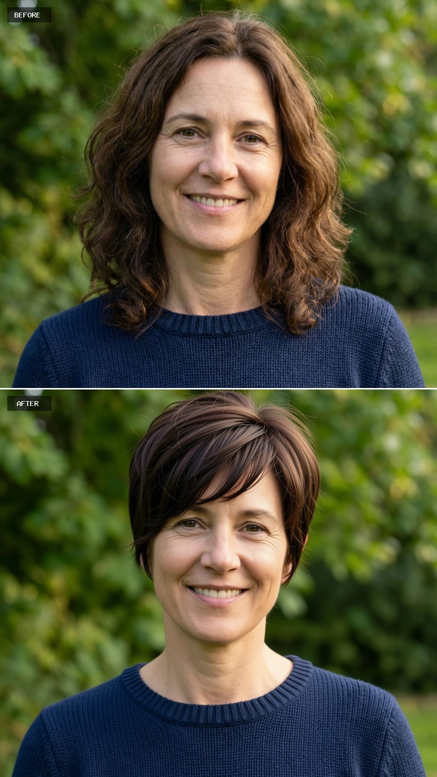 Short Textured Pixie Cut In Rich Brunette, Side-swept Fringe, Light Feathering Around The Crown, Modern And Confident On A 49-year-old Woman Smiling Outdoors