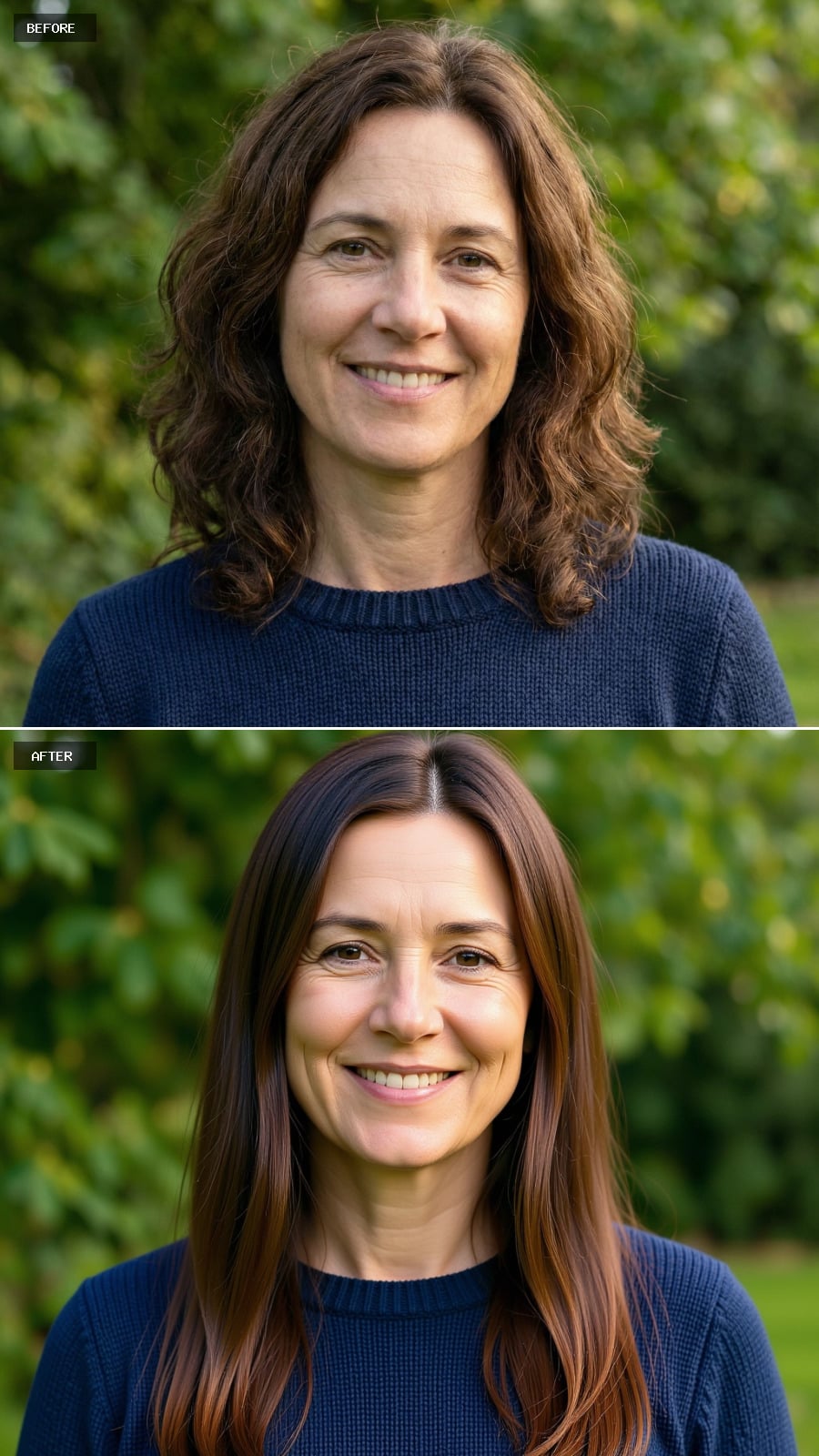 Long Straight Brunette Hair With Invisible Layers And A Center Part, Sleek Finish With Natural Shine, Refined And Timeless On A 49-year-old Woman Smiling Outdoors