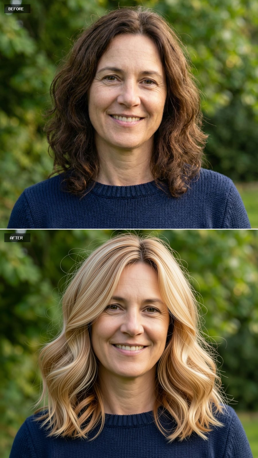 Medium-length Strawberry Blonde Waves With Long Layers And Soft Bends, Slightly Off-center Part, Romantic And Youthful On A 49-year-old Woman Smiling Outdoors