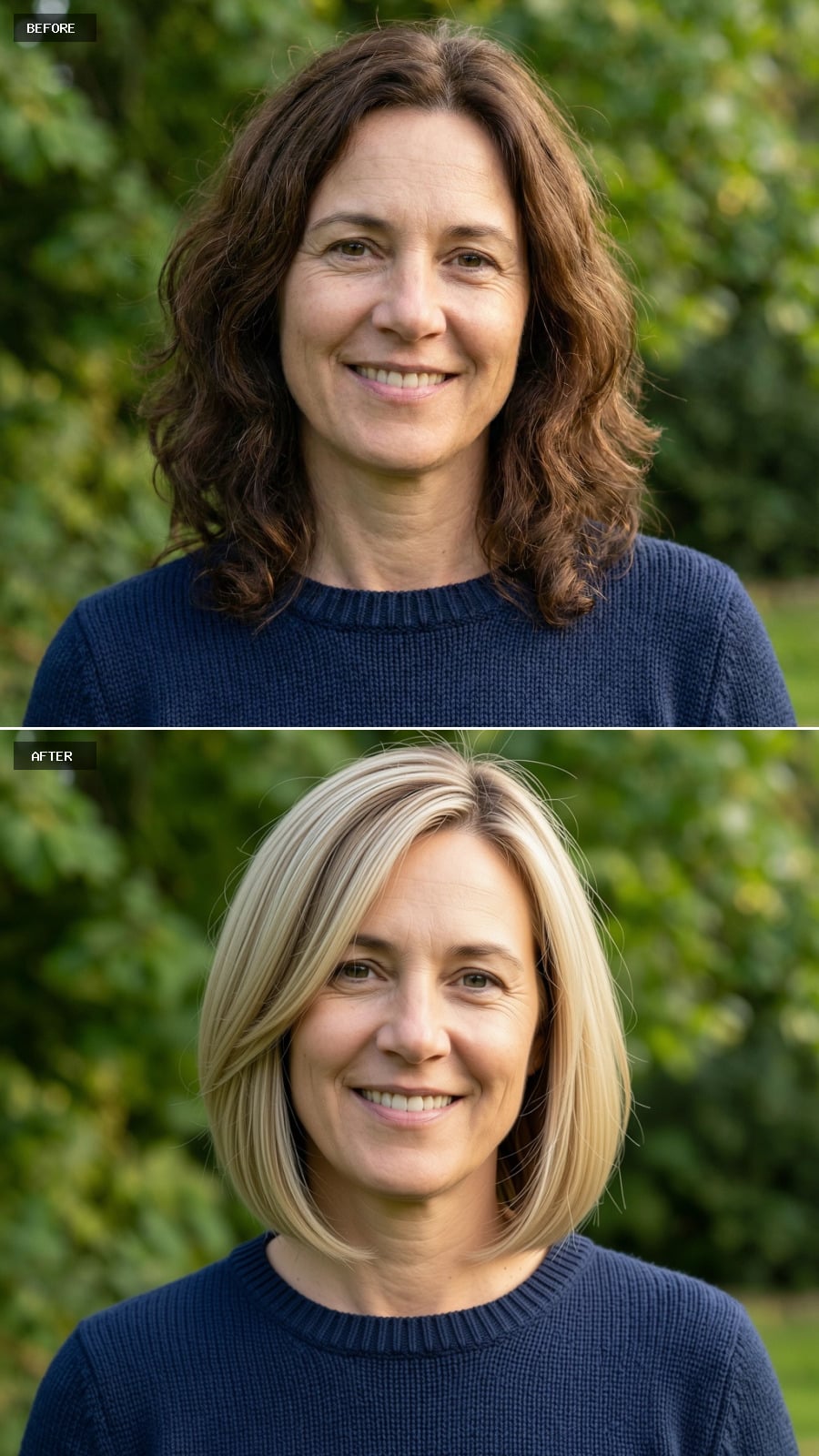 Chin-length Blonde Bob With Gentle Undercut Shaping And Subtle Layering, Tucked Behind One Ear, Clean And Contemporary On A 49-year-old Woman Smiling Outdoors