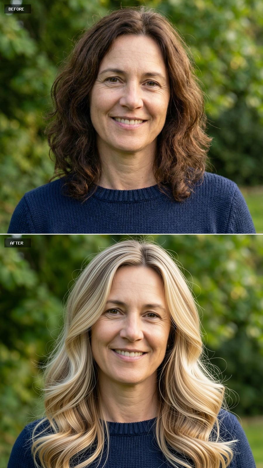 Long Blonde Hair Styled Into Loose, Polished Waves With Blended Layers And Soft Highlights, Relaxed Elegance On A 49-year-old Woman Smiling Outdoors