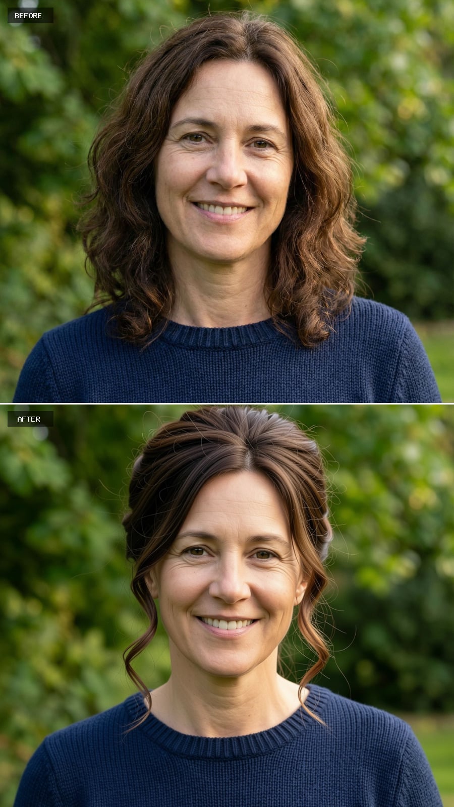 Classic French Twist Updo In Brunette With Soft Tendrils Framing The Face, Elegant Yet Approachable On A 49-year-old Woman Smiling Outdoors