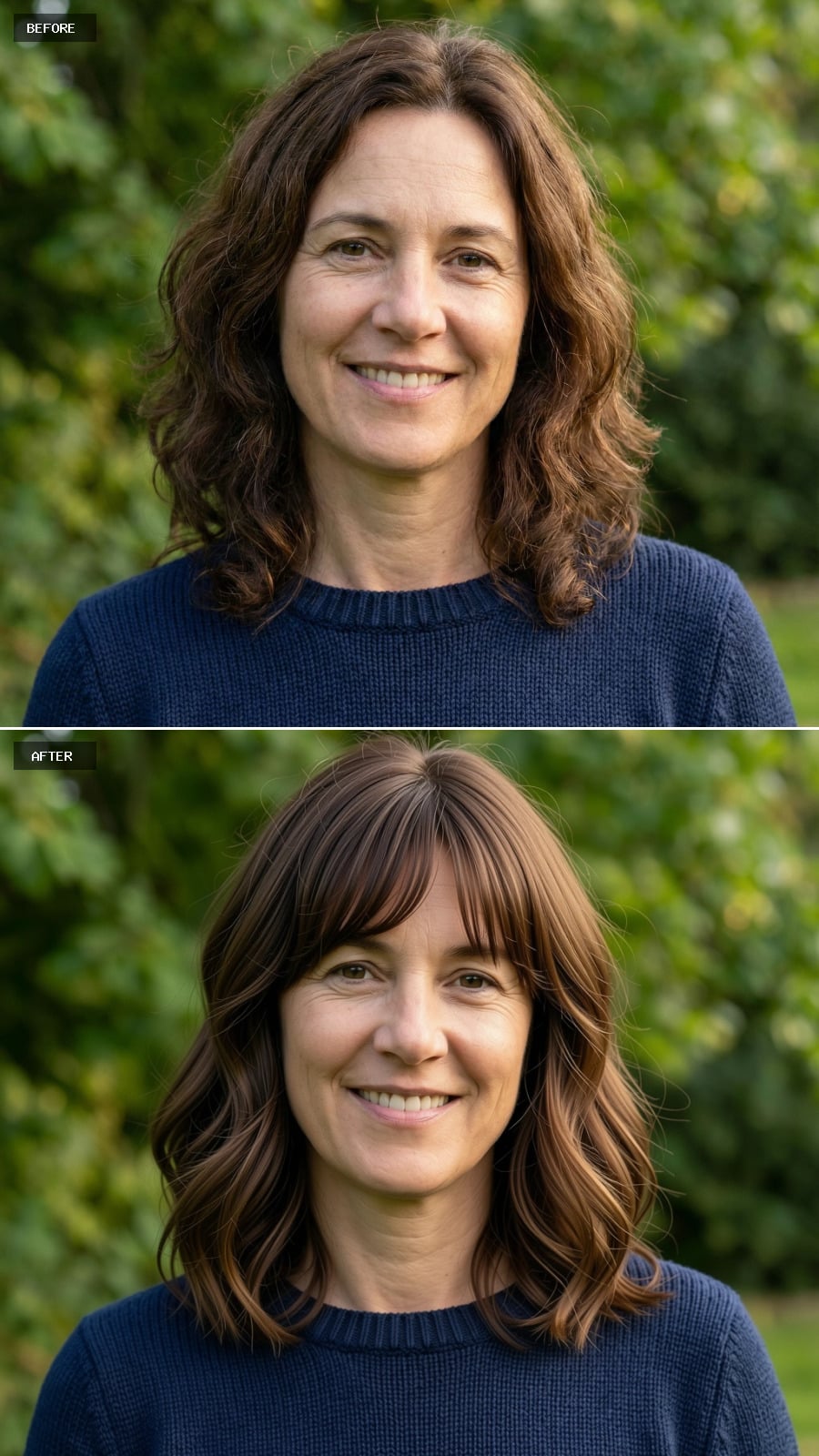 Shoulder-length Brunette Cut With Curtain Bangs And Soft Layering, Lightly Waved For Natural Body, Effortless Sophistication On A 49-year-old Woman Smiling Outdoors