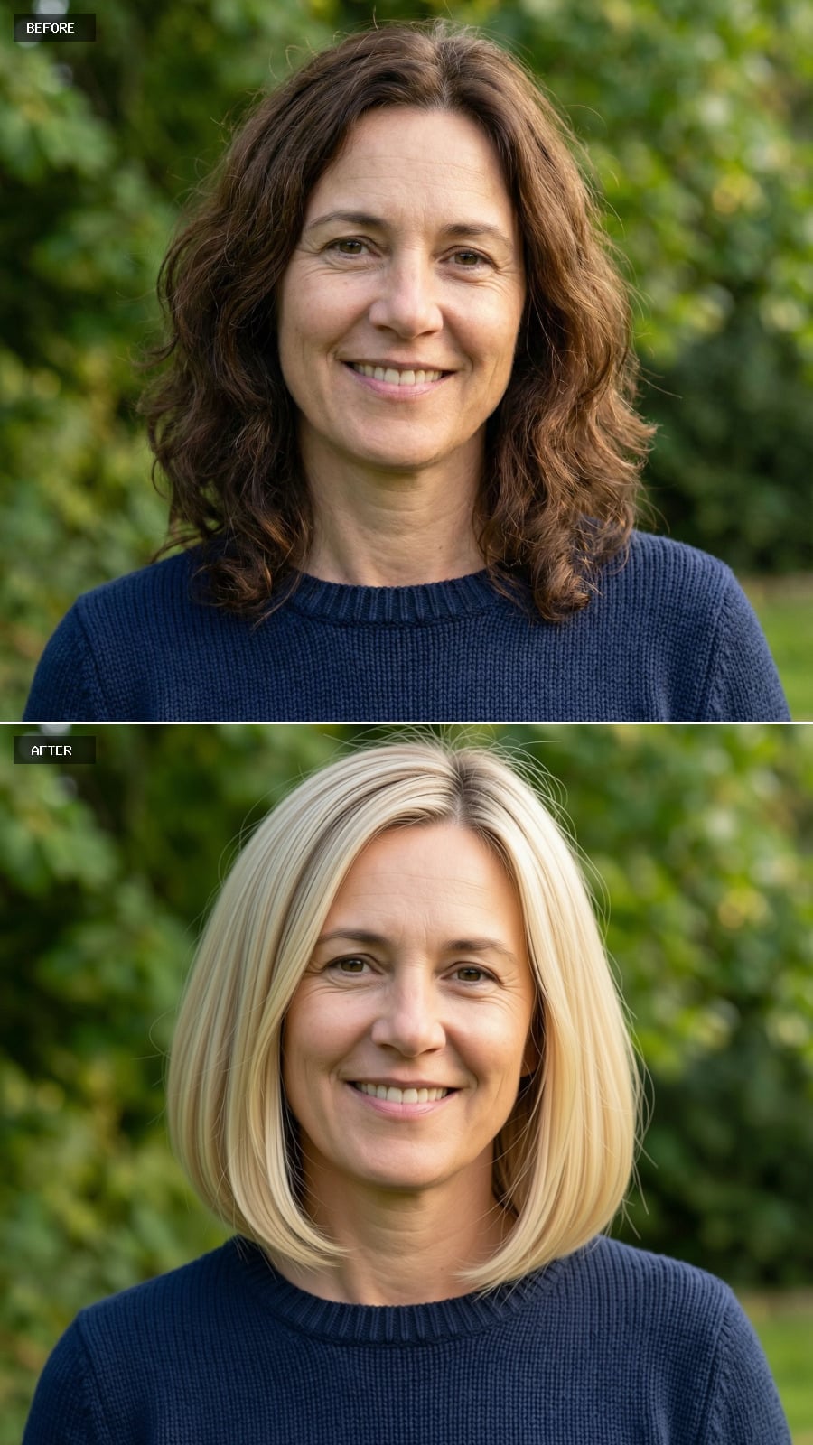 Collarbone-length Blonde Hair With Long Layers And A Smooth Round-brush Finish, Healthy Shine And Volume, Modern Classic On A 49-year-old Woman Smiling Outdoors
