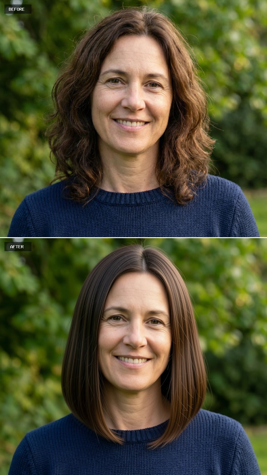 Brunette Shoulder-length Blunt Cut With Internal Layering For Movement, Sleek And Minimalist Style On A 49-year-old Woman Smiling Outdoors