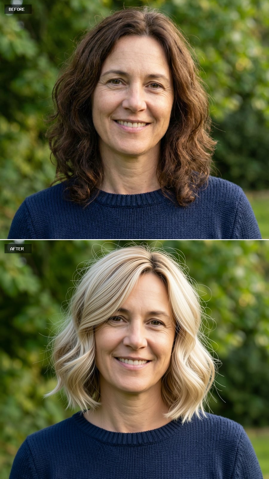 Softly Waved Blonde Bob With Side Part And Light Layering At The Ends, Flattering And Contemporary On A 49-year-old Woman Smiling Outdoors