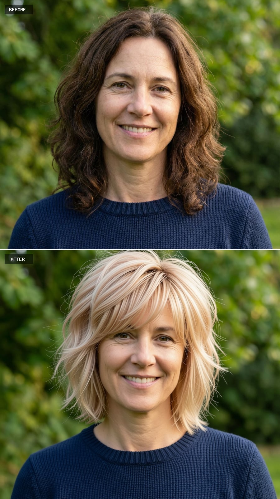 Textured Strawberry Blonde Shag Cut With Layered Crown And Wispy Fringe, Modern And Playful On A 49-year-old Woman Smiling Outdoors