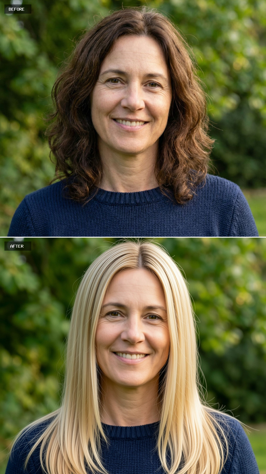 Long Straight Blonde Hair With Subtle Layers And A Deep Side Part, Glossy Finish, Refined And Confident On A 49-year-old Woman Smiling Outdoors