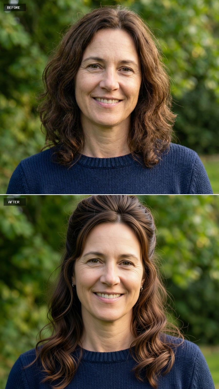 Loose Half-up Hairstyle In Brunette With Soft Waves And Light Crown Volume, Relaxed Polish On A 49-year-old Woman Smiling Outdoors