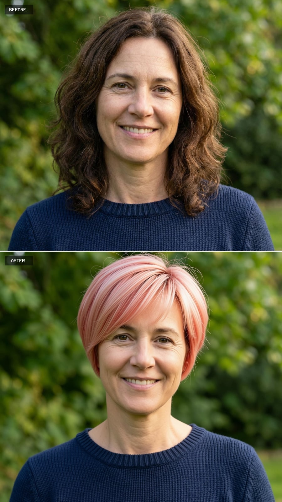 Short Strawberry Blonde Pixie-bob With Tapered Nape And Longer Front Pieces, Chic And Flattering On A 49-year-old Woman Smiling Outdoors